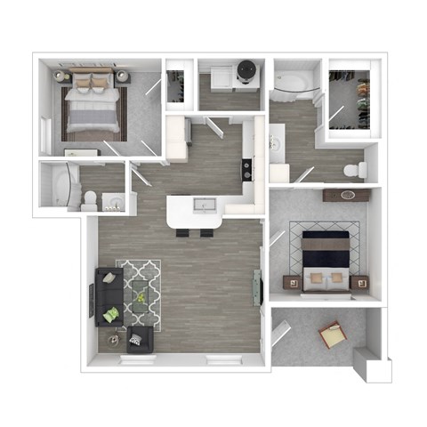 a stylized floor plan with a bedroom and a living room